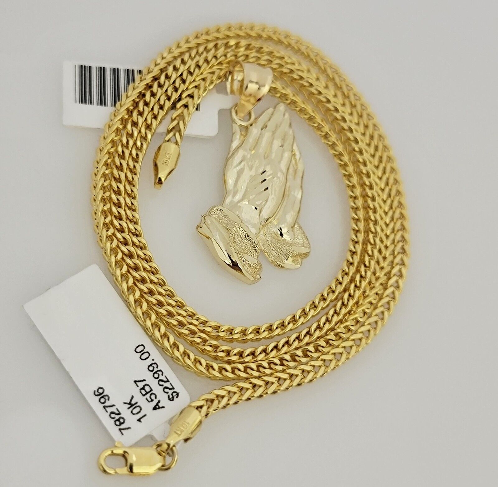 Real 10k Gold Franco Chain Praying Hand Charm pendant Set 2.5mm Necklace 24 Inch